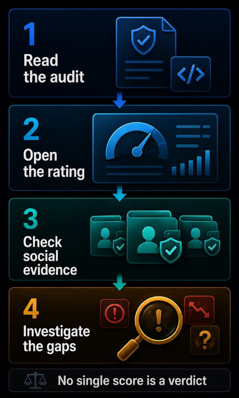 Four steps combine the audit report, public rating, social audit, and investigation of conflicting evidence.