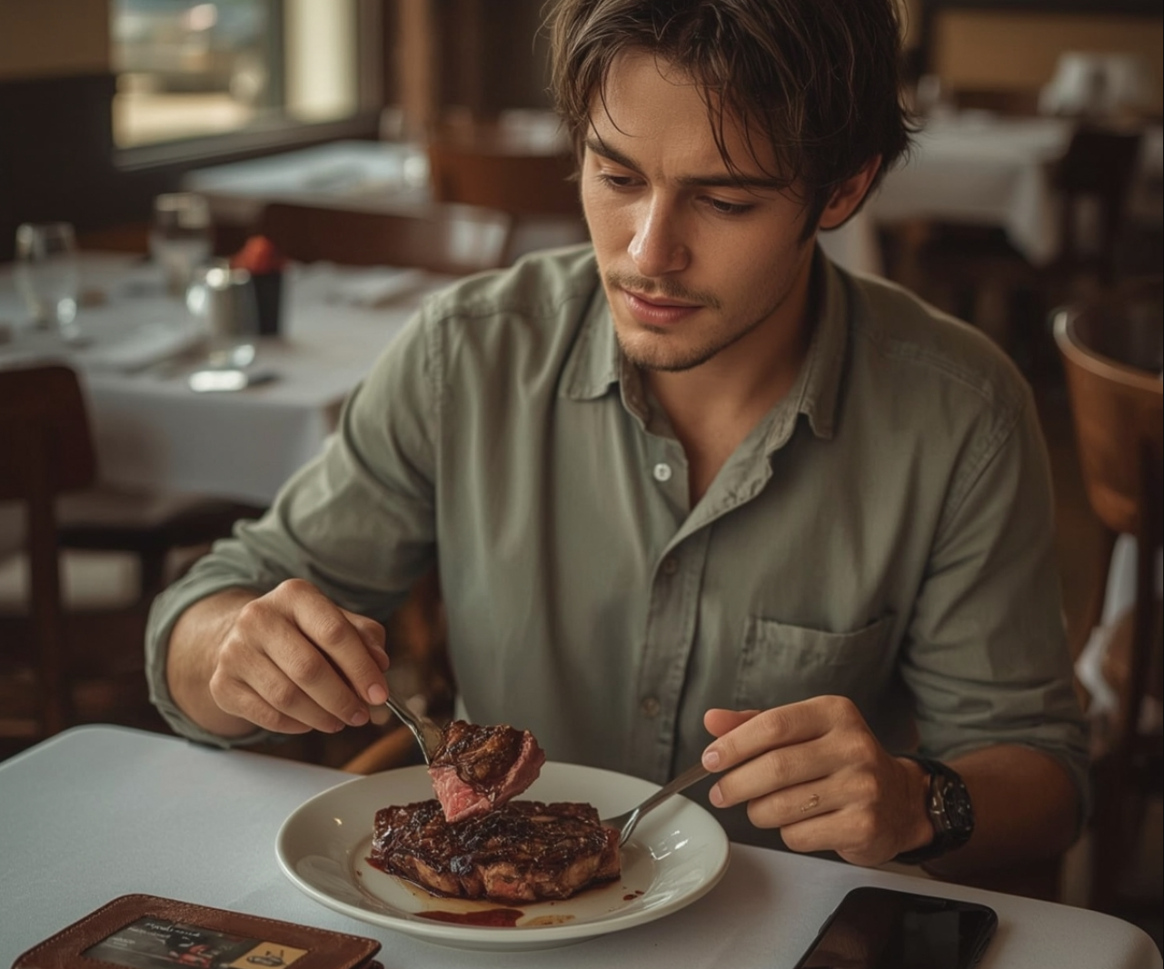 julian is eating his steak in a restaurant