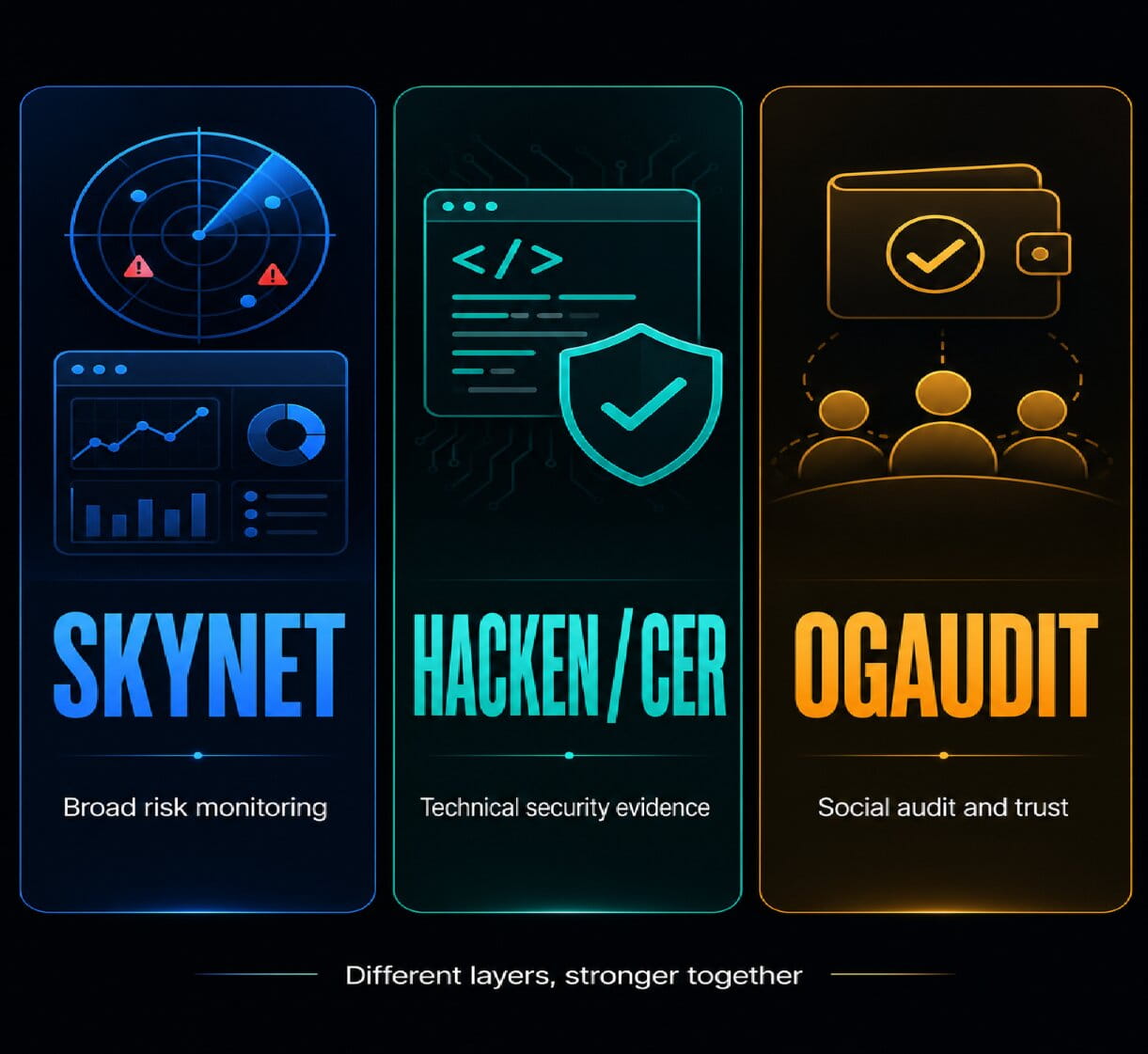 Three cards compare CertiK Skynet, Hacken and CER.live, and OGAudit by their main risk layer.