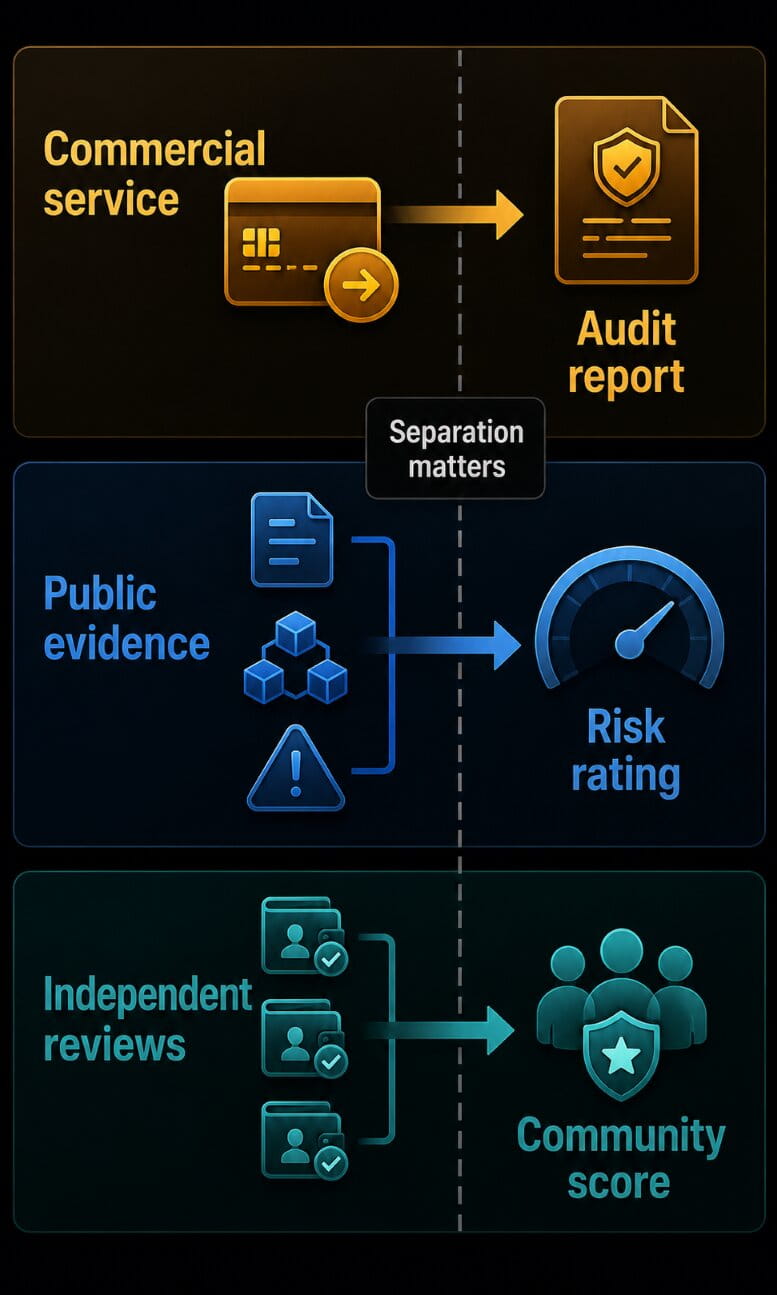 A transparent flow diagram separates commercial payments, security evidence, public ratings, and community scores.