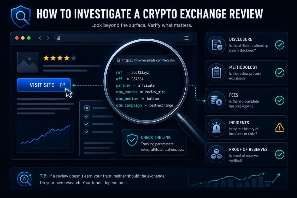 Browser inspection revealing affiliate tracking parameters in a crypto exchange review.