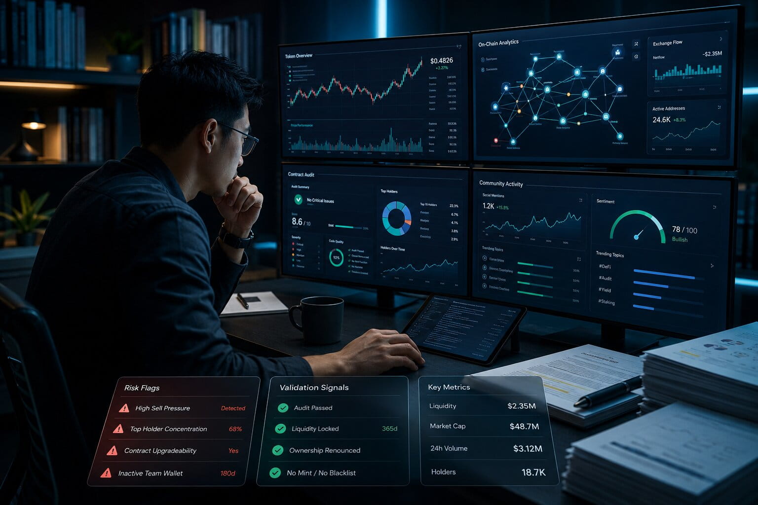 A crypto researcher reviews charts, wallet activity, and audit signals across multiple screens in a serious due diligence workspace.
