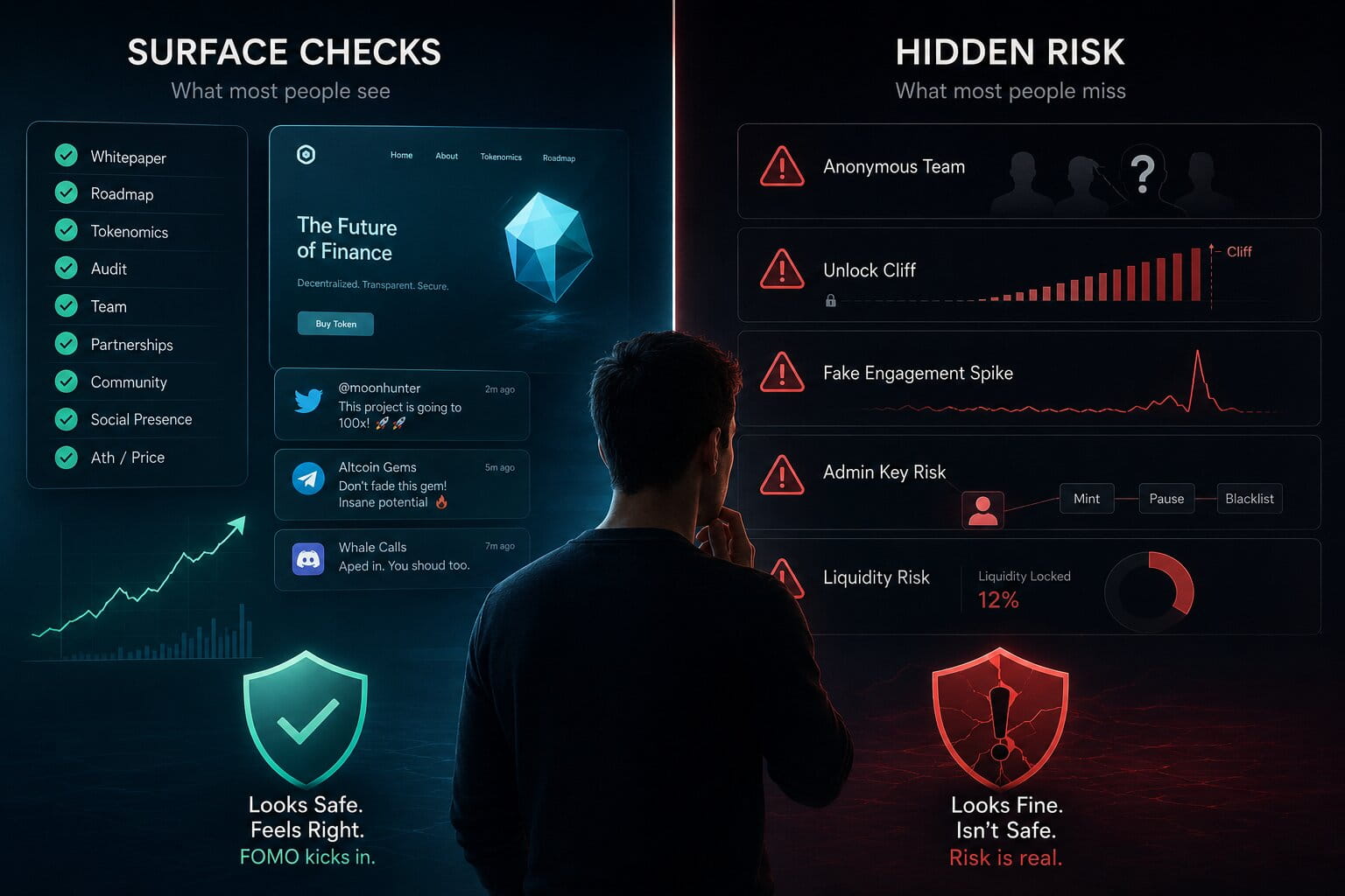 A split illustration contrasts a shallow crypto checklist with deeper structural risks hidden behind project hype.