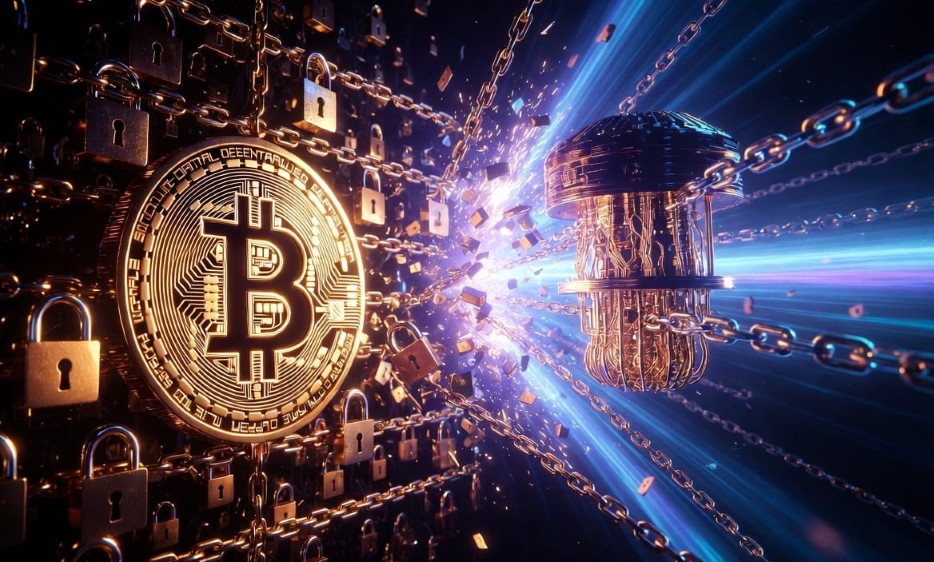 quantum threat to bitcoin and pow blockchain networks draws near time is running out abstract art visualized