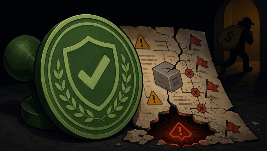 An audit badge obscuring hidden vulnerabilities and unresolved findings in a crypto smart contract.