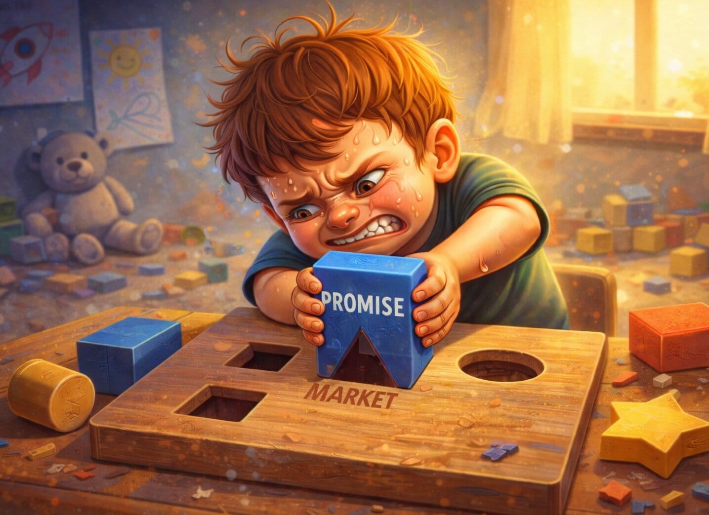 a kid struggling to force a square &ldquo;PROMISE&rdquo; block into a much smaller and incompatible rectangular &ldquo;MARKET&rdquo; puzzle hole, illustrating unfit market crypto products