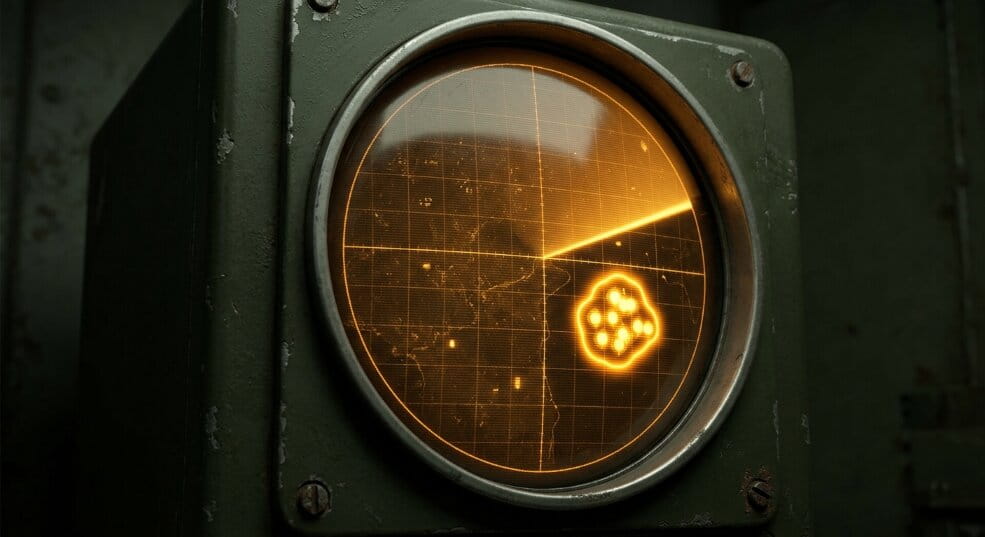 3D vintage radar screen with clustered warning blips in one quadrant representing simultaneous crypto exchange pre-collapse signals