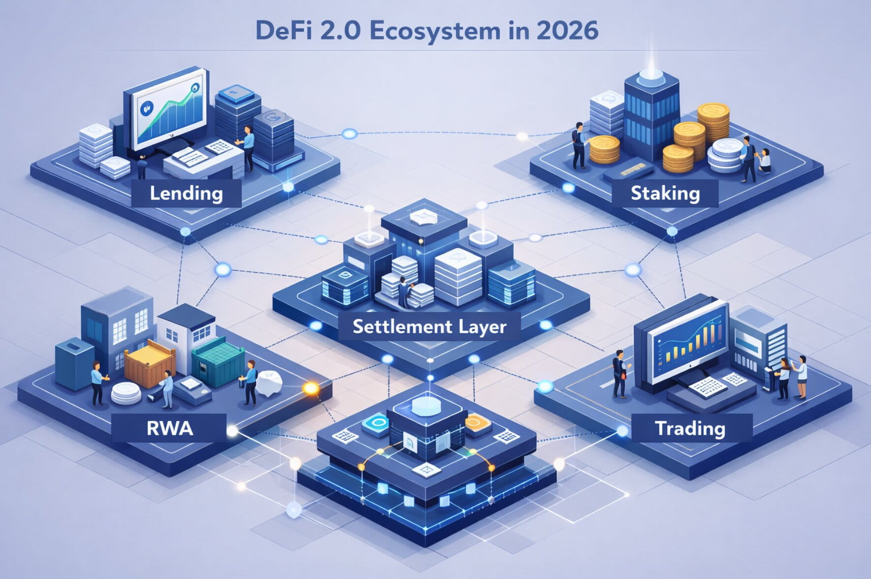 DeFi 2.0 ecosystem in 2026 showing connected lending, staking, RWA, and trading protocols